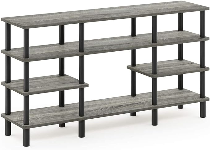 Furinno Turn-N-Tube 4-Tier Multipurpose Wide Shelf TV Stand, French Oak Grey/Black - LeafyLoom