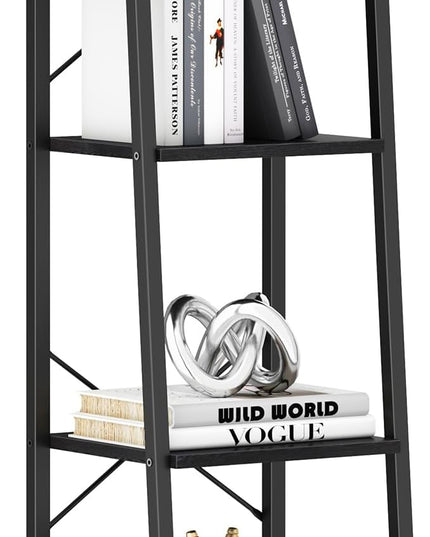 Ladder Shelf, Bookshelf Bookcase, Freestanding Corner Storage Shelve with 2 Hooks for Home Office, Living Room, Kitchen, Bedroom, Industrial, 4-Tier Black BC13204B - LeafyLoom