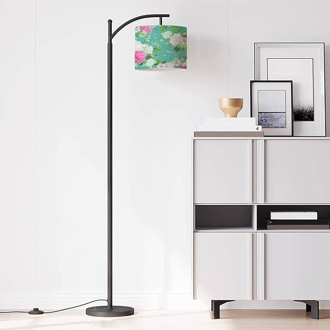 Modern Arc Floor Lamp with Dimmer Mid Century Beautiful Seamless Spring Roses Peony Orchid Succulents Metal Standing Lamp with Linen Shade Footswitch for Living Room Bedroom Office - LeafyLoom