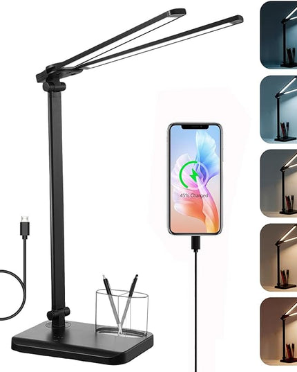 LED Desk Lamp for Home Office - Dual Swing Arm Desk Light with USB Charging Port,Eye-Caring Foldable 5 Color Modes 10 Brightness Levels Dimmable Desk Lamp for College Dorm Room (Black) - LeafyLoom