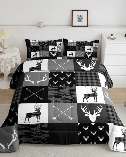 Deer Antler Silhouette Kids Comforter Set Full Size,Geometric Plaids Arrows Boho Bedding Set,Wild Animals Hunting Rustic Adventure Comforter,Camo Black Grey Quilt Set for Boys Girls Room Decor - LeafyLoom