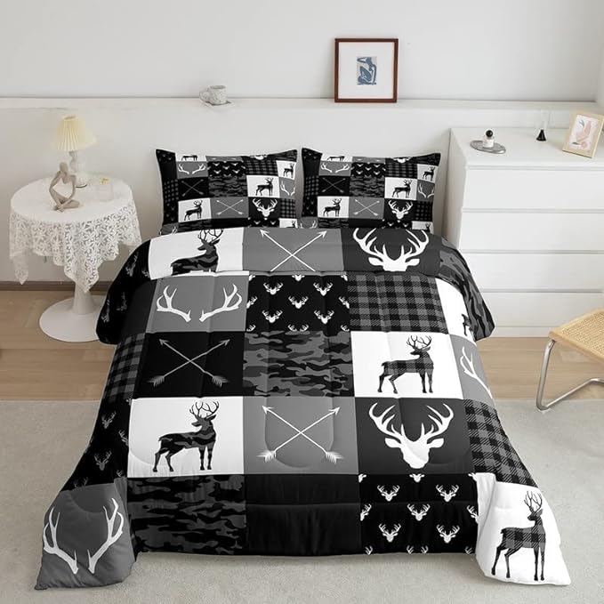 Deer Antler Silhouette Kids Comforter Set Full Size,Geometric Plaids Arrows Boho Bedding Set,Wild Animals Hunting Rustic Adventure Comforter,Camo Black Grey Quilt Set for Boys Girls Room Decor - LeafyLoom