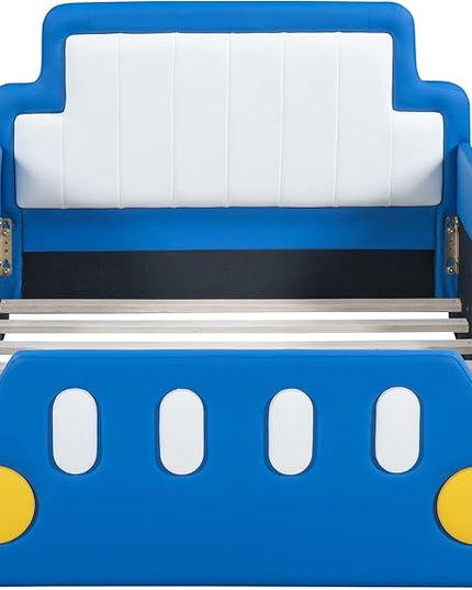 Twin Size Race Car Bed with Wheels,Kids Car-Shaped Beds W/Safety Guardrail,Slats Support,Easy Assembly,Wooden Platform Bedframe for Boys Toddlers Child's Bedroom,Blue PU - LeafyLoom
