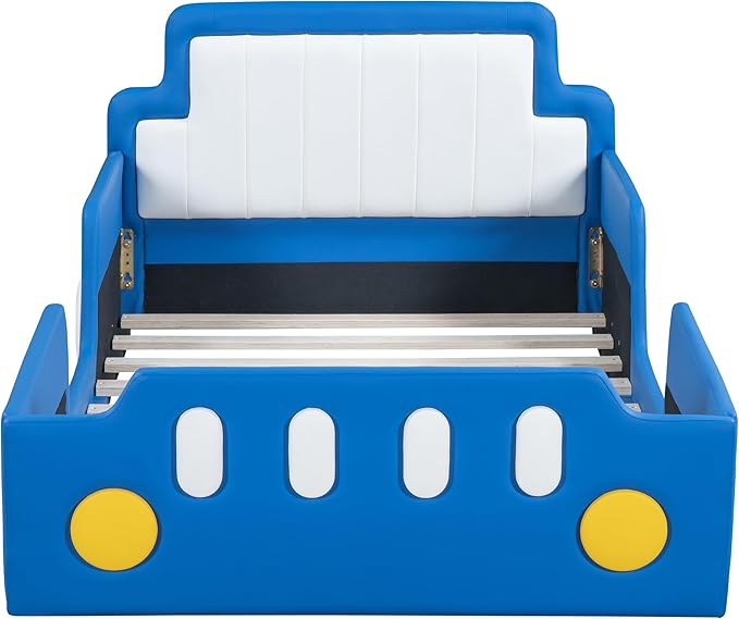 Twin Size Race Car Bed with Wheels,Kids Car-Shaped Beds W/Safety Guardrail,Slats Support,Easy Assembly,Wooden Platform Bedframe for Boys Toddlers Child's Bedroom,Blue PU - LeafyLoom