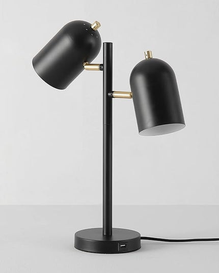 Globe Electric 52994 19" 2-Light Desk Lamp, Matte Black, Matte Brass Accents, 2.1A USB Port, On/Off Rotary Switch on Each Shade - LeafyLoom