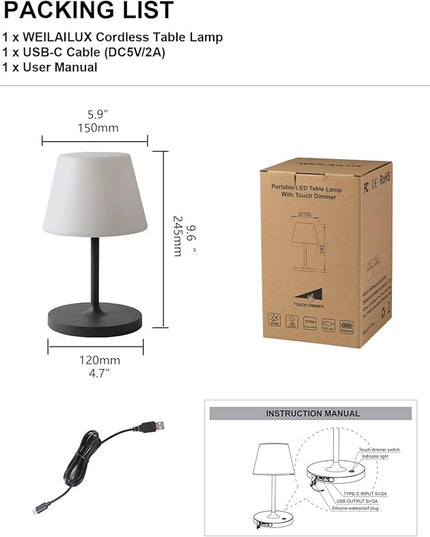 Outdoor Battery Operated Table Lamp Waterproof, 4000mAh Cordless Table Lamp Rechargeable, Touch Dimmable Desk Lamp, LED Night Light for Patio Camping Restaurant Home, H9.6in, Dark Grey - LeafyLoom