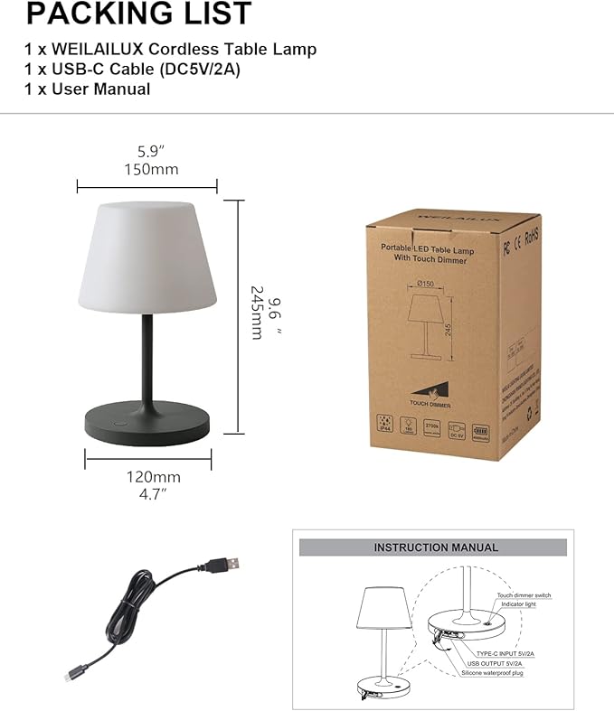 Outdoor Battery Operated Table Lamp Waterproof, 4000mAh Cordless Table Lamp Rechargeable, Touch Dimmable Desk Lamp, LED Night Light for Patio Camping Restaurant Home, H9.6in, Dark Grey - LeafyLoom