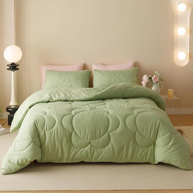 Sage Flower Comforter Queen Green Sunflower Print Bed Queen Comforter Set 3 Pieces Green Floral Comforter Set for Women Girls Bedroom Decor All Season Hotel Quality Comforter Set - LeafyLoom