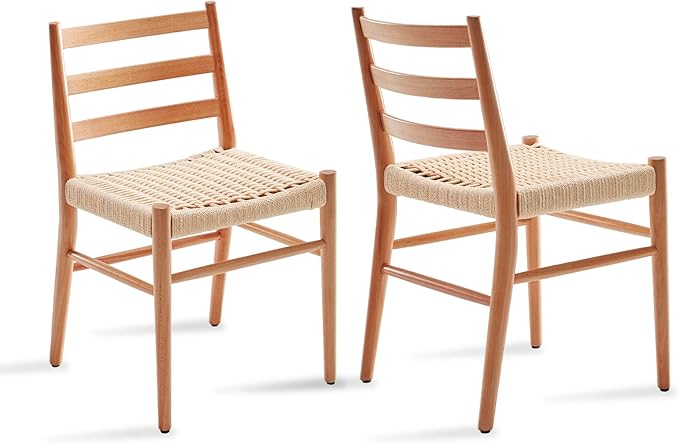 STARY Wood Rattan Dining Room Chairs Comfortable Woven Seat, Fully Assembled, Nature - Set of 2 - LeafyLoom