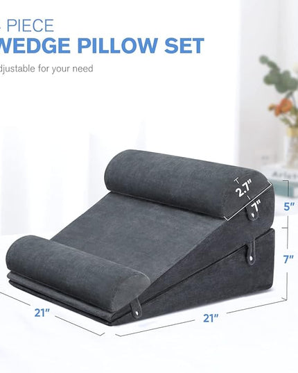 OasisSpace 4 PCS Bed Wedge Pillow Set, Orthopedic Foam Pillow for Back, Leg and Knee Pain Relief, Adjustable Triangle Pillow for Sleeping, Acid Reflux, GERD, Snore, Relax - LeafyLoom