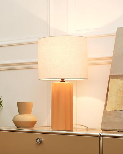 Globe Electric 61000062 20" Ribbed Ceramic Table Lamp, Matte Terracotta Finish, White Linen Shade, On/Off Rotary Switch on Socket, for Living Room, Bedroom, Office, Home Décor - LeafyLoom