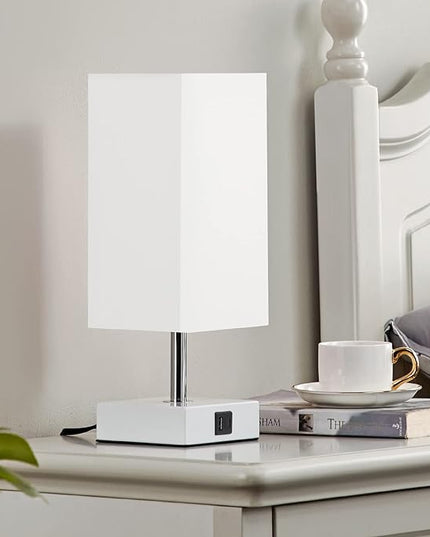 Ambimall White Table Lamp with USB Ports - 3 Way Touch Lamps Beside Desk, Nightstand Lamp for Bedrooms Living Room, White Shade with White Base, LED Bulb Included(White) - LeafyLoom