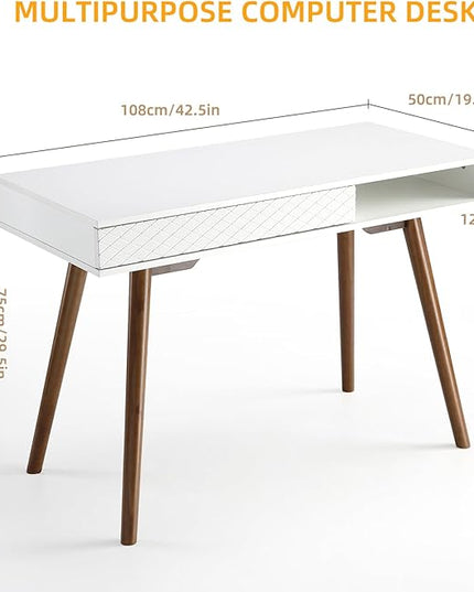 GAOMON Modern Home Office Writing Desk, 42 Inch Computer Table Desk with Drawers, Simple Mid Century Modern Desk, White - LeafyLoom