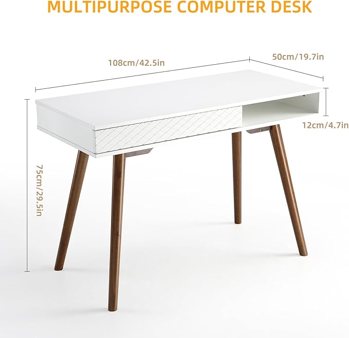 GAOMON Modern Home Office Writing Desk, 42 Inch Computer Table Desk with Drawers, Simple Mid Century Modern Desk, White - LeafyLoom