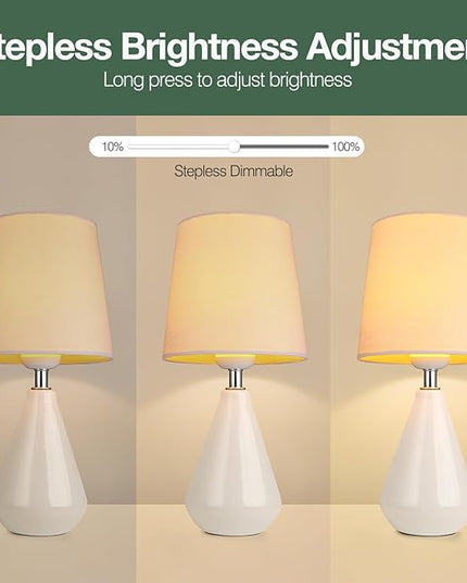 AIDENOEY Small Bedside Table Lamp for Bedroom - Desk Reading Lamps with 3 Way DimmableTouch Control,Nightstand Ceramic Lamp with Fabric Shade for Kids Room,Living Room,Dorm,Home Office (White) - LeafyLoom
