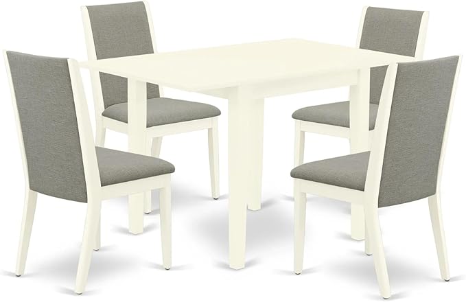 East West Furniture NDLA5-LWH-06 Norden 5 Piece Dinette Set for 4 Includes a Rectangle Room Table with Dropleaf and 4 Shitake Fabric Parsons Dining Chairs, 30x48 Inch, Linen White - LeafyLoom