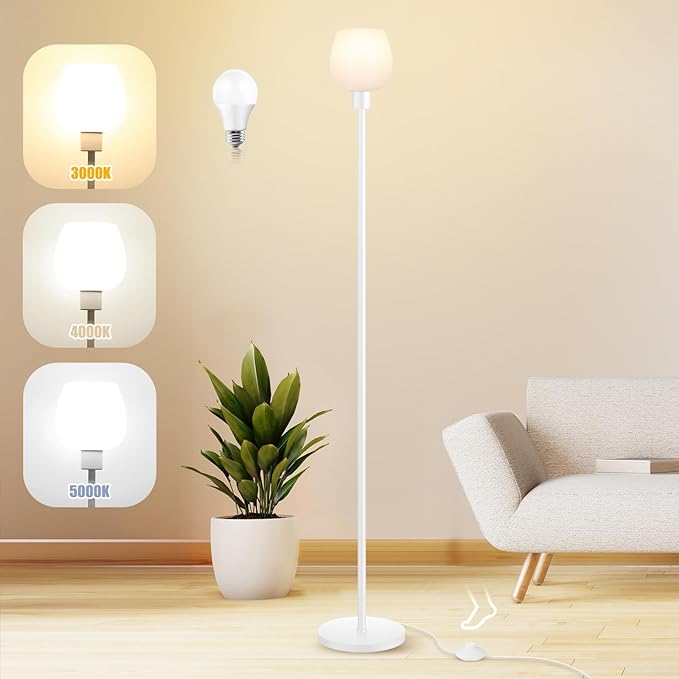Floor Lamps for Living Room with 3 Color Temps, LED Standing Lamp with White Opal Glass Lampshade, Minimalist Tall Lamp with Foot Switch, Pole Lamp for Office Bedroom Dining Room, 9W LED Bulb Included - LeafyLoom