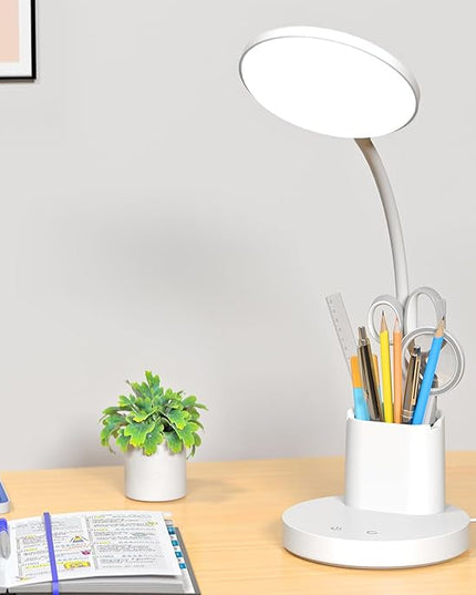 comzler Small Desk Lamp for Kids, LED Desk Lamps with Pen Phone Holder, White Desk Light for Home Office,8W 3 Modes Dimmable LED Desk Light for Kids, Desktop Study Lamps for Bedrooms - LeafyLoom