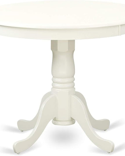 East West Furniture ANAB3-LWH-02 Antique 3 Piece Dinette Set for Small Spaces Contains a Round Kitchen Table with Pedestal and 2 Light Beige Linen Fabric Parson Chairs, 36x36 Inch - LeafyLoom