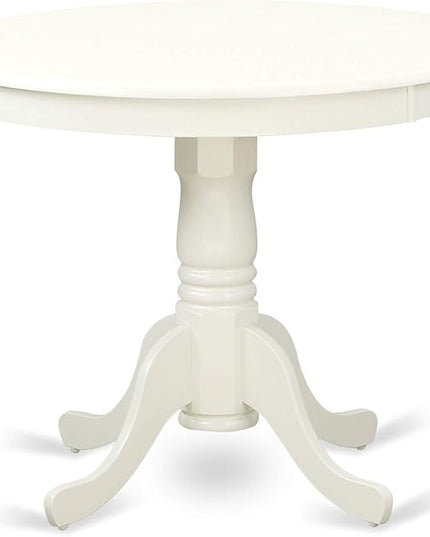 East West Furniture Antique 3 Piece Kitchen Set Contains a Round Dining Room Table with Pedestal and 2 Solid Wood Seat Chairs, Linen White - LeafyLoom