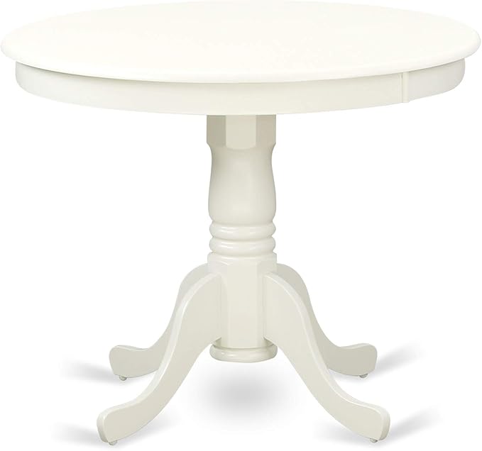 East West Furniture Antique 3 Piece Kitchen Set Contains a Round Dining Room Table with Pedestal and 2 Solid Wood Seat Chairs, Linen White - LeafyLoom