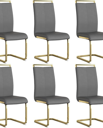 Modern Dining Chairs Set of 6,High Back Grey Kitchen Chairs,Faux Leather Side Chair with Gold Plated Metal Legs,Easy to Clean Upholstered Dining Chairs,Ideal for Living Room(Gold Leg) - LeafyLoom
