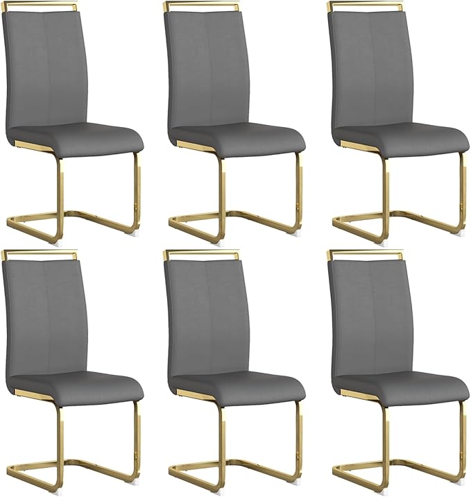 Modern Dining Chairs Set of 6,High Back Grey Kitchen Chairs,Faux Leather Side Chair with Gold Plated Metal Legs,Easy to Clean Upholstered Dining Chairs,Ideal for Living Room(Gold Leg) - LeafyLoom