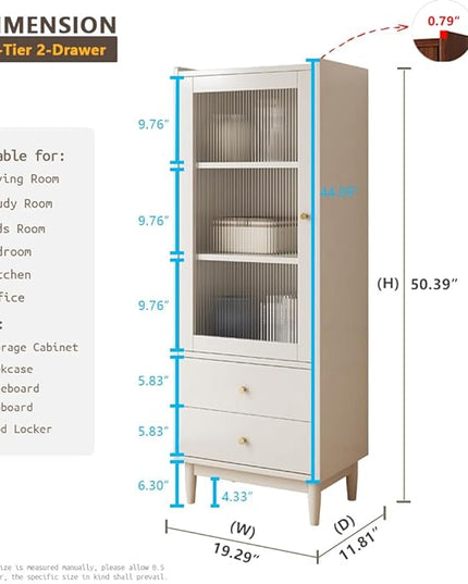 Wooden Glass Door Bookcase - 3-Tier Cube Bookshelf Storage Cabinet with Double Drawer and Adjustable Shelf, Solid Wood Legs Cupboard in Warm White - LeafyLoom