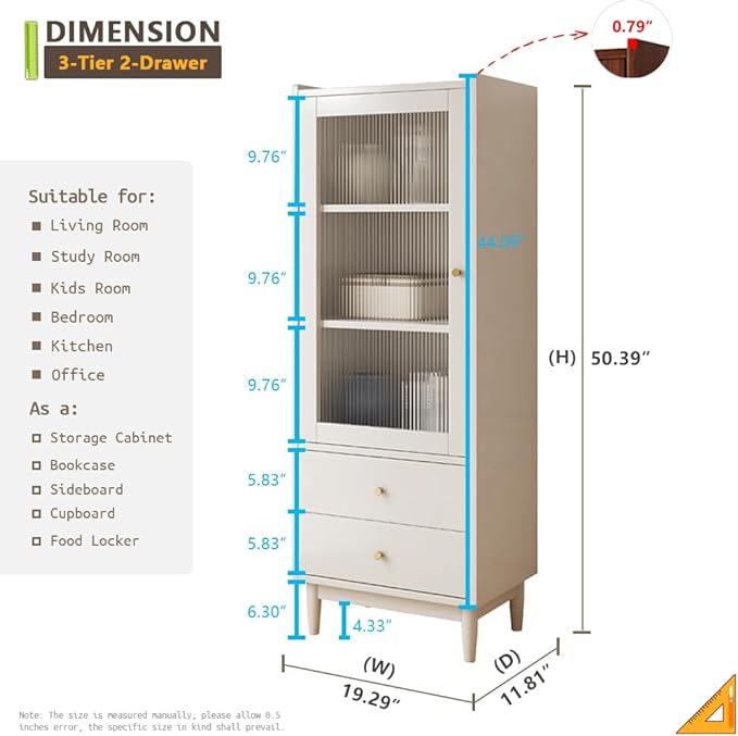 Wooden Glass Door Bookcase - 3-Tier Cube Bookshelf Storage Cabinet with Double Drawer and Adjustable Shelf, Solid Wood Legs Cupboard in Warm White - LeafyLoom