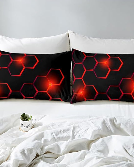 Honeycomb Kids Comforter Set Modern Geometry Hexagon Bedding Set for Boys Children Teens Bedroom Decor Geometrical Comforter Beehive Geometric Black Red Duvet Set Full Size with 3 Pillow Case - LeafyLoom