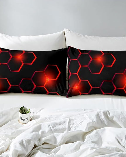 Honeycomb Kids Comforter Set Modern Geometry Hexagon Bedding Set for Boys Children Teens Bedroom Decor Geometrical Comforter Beehive Geometric Black Red Duvet Set Queen Size with 3 Pillow Case - LeafyLoom