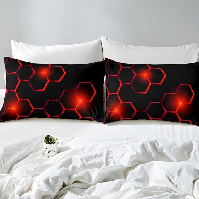 Honeycomb Kids Comforter Set Modern Geometry Hexagon Bedding Set for Boys Children Teens Bedroom Decor Geometrical Comforter Beehive Geometric Black Red Duvet Set Queen Size with 3 Pillow Case - LeafyLoom