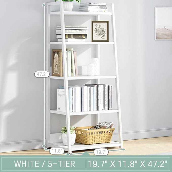 IOTXY 5 Tier Open Bookshelf - Steel and Wood Display Stand, 50CM Width Floor-Standing Bookcase, White - LeafyLoom