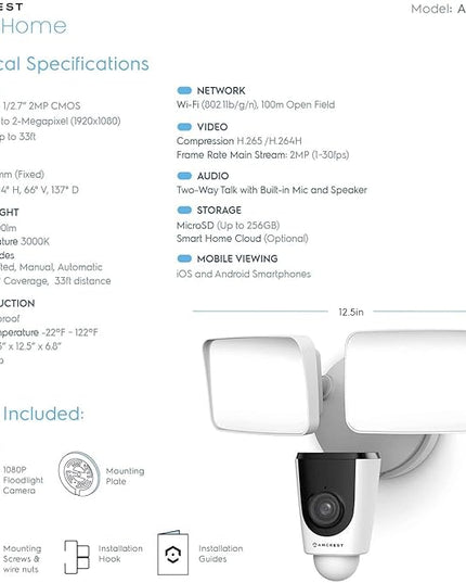 Amcrest Floodlight Camera, Smart Home 1080P Security Outdoor Camera Wireless WiFi with Flood Light, Built-in Siren Alarm, 114° View, IP65 Waterproof, MicroSD & Cloud Storage, ASH26-W Amcrest