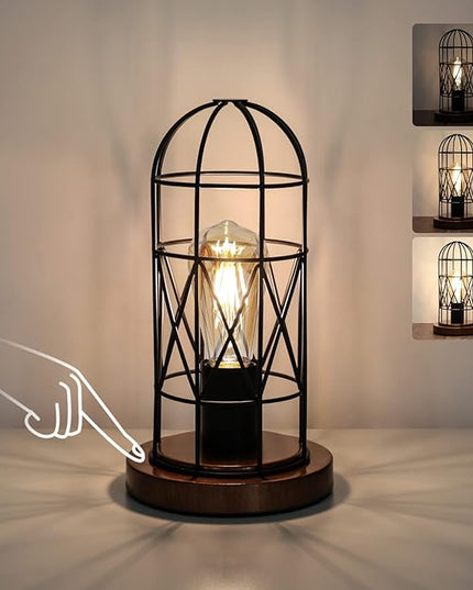 Touch Control Table Lamp, Industrial Bedside Lamp with 3 Way Dimmable Small Nightstand Lamp Vintage Metal Cage Table Lamp for Bedroom, Kitchen - LeafyLoom