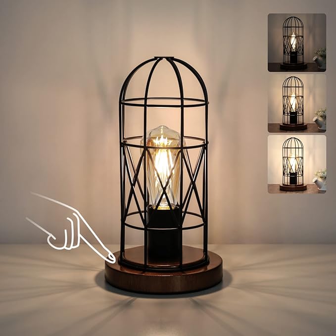 Touch Control Table Lamp, Industrial Bedside Lamp with 3 Way Dimmable Small Nightstand Lamp Vintage Metal Cage Table Lamp for Bedroom, Kitchen - LeafyLoom