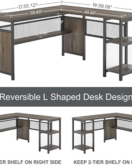 FATORRI L Shaped Computer Desk, Industrial Home Office Desk with Shelves, Reversible Wood and Metal Corner Desk (Walnut Brown, 59 Inch) - LeafyLoom