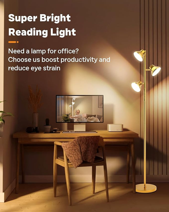 Gold Floor Lamp, 36W Modern LED Floor Lamp with Remote & Touch Control, 4 Color Temperatures, 3 Rotatable Lights, Floor Lamps for Living Room Bright Lighting, Bedroom, Office - LeafyLoom