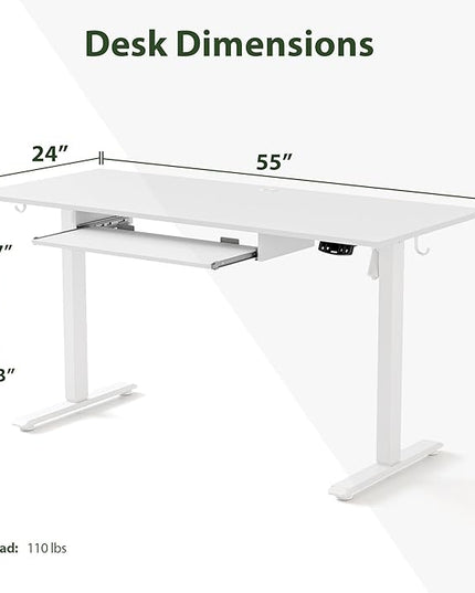 Height Adjustable Desk with Keyboard Tray, 55 x 24 Inches Electric Standing Desk, Stand up Computer Table with Memory Preset, Modern Lift Motorized Gaming Workstation, White - LeafyLoom
