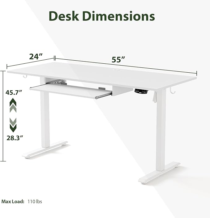 Height Adjustable Desk with Keyboard Tray, 55 x 24 Inches Electric Standing Desk, Stand up Computer Table with Memory Preset, Modern Lift Motorized Gaming Workstation, White - LeafyLoom