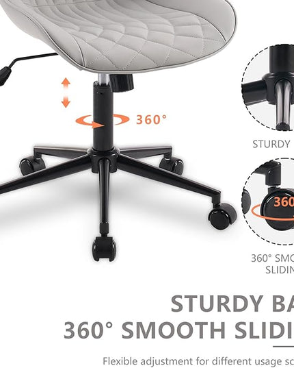 YOUNIKE Desk Chair with Wheels Armless Office Chair Swivel Rolling Task Chair with Back Upholstered Faux Leather Computer Chair Height Adjustable Modern Ergonomic Seat, Loads 300 lbs, Grey - LeafyLoom