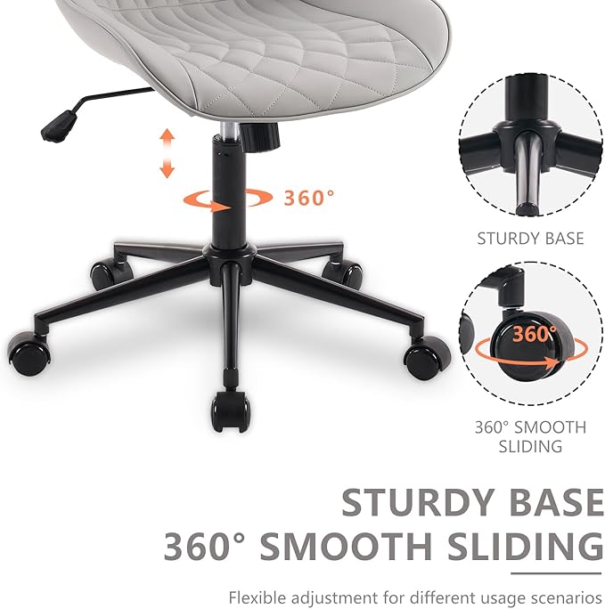 YOUNIKE Desk Chair with Wheels Armless Office Chair Swivel Rolling Task Chair with Back Upholstered Faux Leather Computer Chair Height Adjustable Modern Ergonomic Seat, Loads 300 lbs, Grey - LeafyLoom