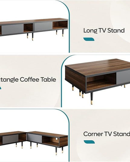 Bestier Mid Century Modern TV Stand for 85 inch tv, Entertainment Center with Storage and Sliding Doors, 2 in 1 Long TV Cabinet for Living Room, Ancona Walnut - LeafyLoom