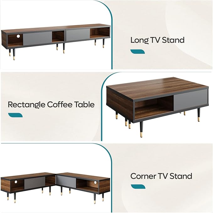 Bestier Mid Century Modern TV Stand for 85 inch tv, Entertainment Center with Storage and Sliding Doors, 2 in 1 Long TV Cabinet for Living Room, Ancona Walnut - LeafyLoom