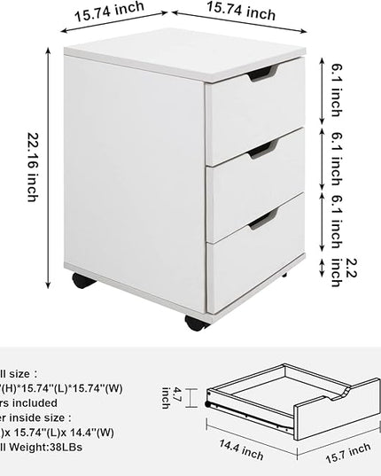 Farini 3-Drawer Vertical Filing Cabinet Rolling Wood Mobile File Cabinets Under Desk for Home Office with Casters (White, Non-Assembled) - LeafyLoom