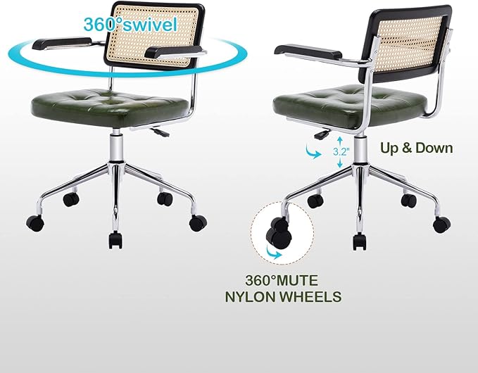 Zesthouse Modern Home Office Chair Leather Desk Chair with Rattan Back, Vanity Chair for Girls Women, Upholstered Tufted Swivel Armchair for Bedroom, Height Adjustable Computer Task Chair - LeafyLoom