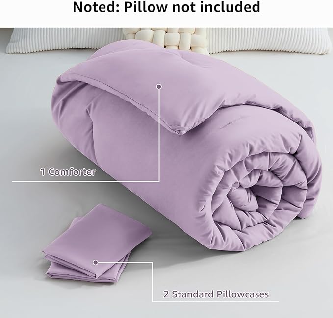CozyLux Lavender Purple Comforter Set Queen Size, 3 Pieces Solid Breathable Quilted Boho Style Bedding Sets, Luxury Fluffy Soft Microfiber Comforter for All Season(1 Comforter & 2 Pillowcases) - LeafyLoom