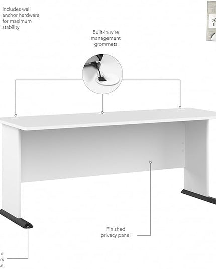 Bush Business Furniture Studio A 72W Computer Desk in White, 6 Foot Gaming and Work Table for Home or Professional Office - LeafyLoom