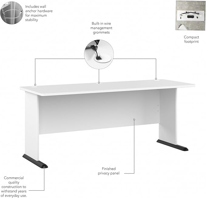 Bush Business Furniture Studio A 72W Computer Desk in White, 6 Foot Gaming and Work Table for Home or Professional Office - LeafyLoom