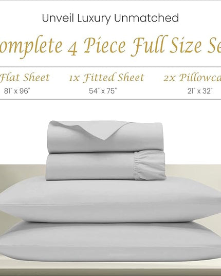 Egyptian Cotton Sheets Full Size - 1000 Thread Count Sheets for Full Size Bed, Long Staple Comfortable Luxury & Soft, 4-Piece Coziest Bedding Set, Fits Upto 18" Mattress - Light Grey Sheets - LeafyLoom